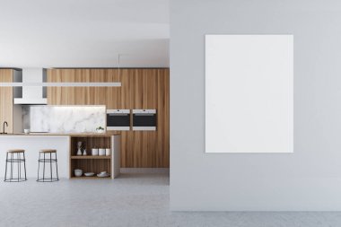 Koyu ahşap mutfak, bar ve pencere poster