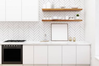 Beyaz ahşap mutfak, beyaz koltukları, poster