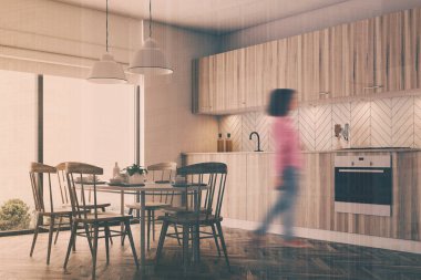 Siyah sandalye ahşap yemek odası köşe, bulanıklık