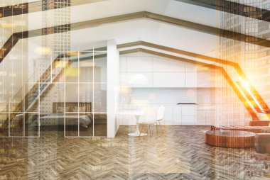 Ahşap tavan, oturma odası, gri kanepe, yatak tonda