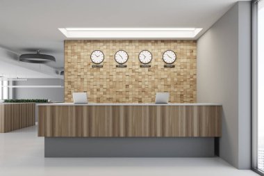 Beyaz ve ahşap Resepsiyon yakın çekim