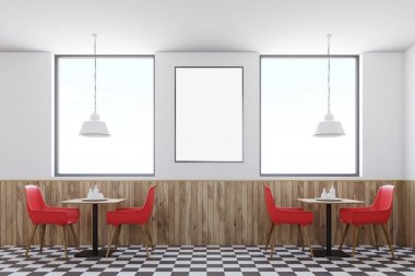 Kırmızı kiremit bar iç, kırmızı sandalye, poster