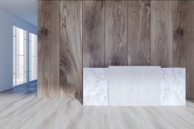 Beyaz modern bir ofis, ahşap resepsiyonda
