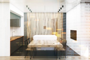 Modern beyaz ve ahşap yemek odası tonda