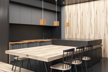 Modern gri ve ahşap yemek odası köşe