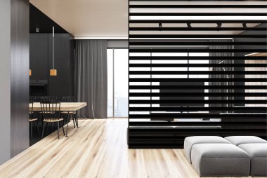 Modern gri ve ahşap yemek odası