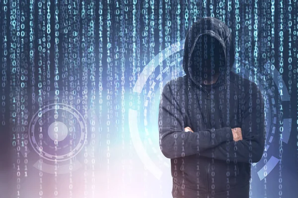 Unerkennbarer Hacker, Nullen und Einsen, hud — Stockfoto