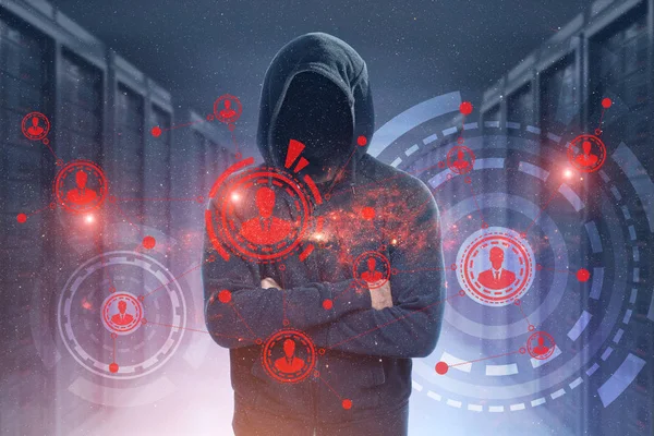 Oigenkännlig hacker, server, Hud, nätverk — Stockfoto