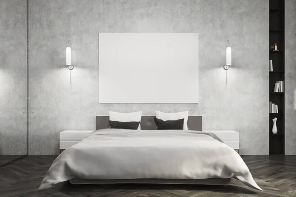 Серая спальня, белая кровать, плакат — стоковое фото
