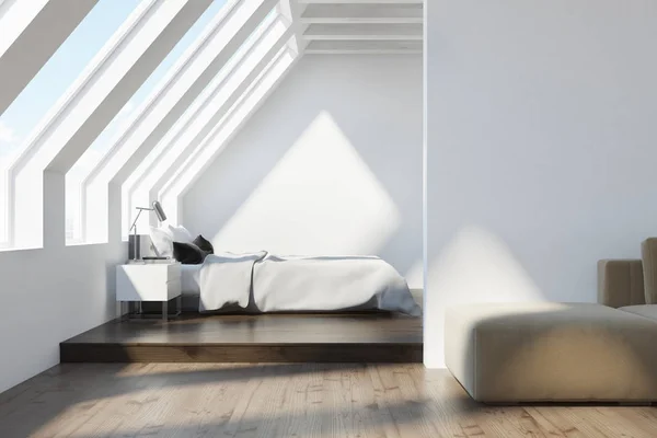 White attic bedroom, white ceiling — Stock Photo, Image