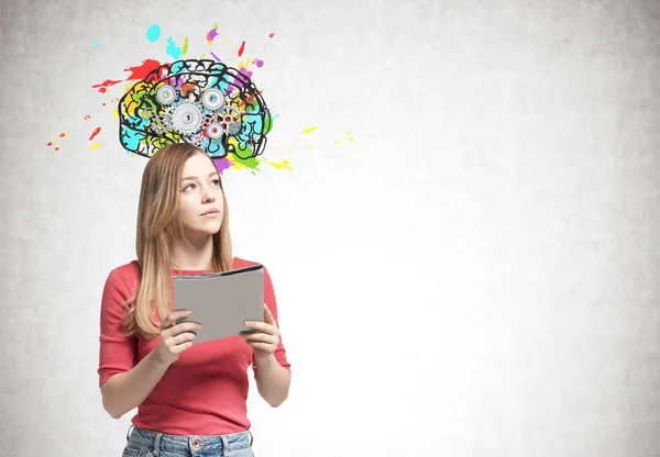 Blonde woman with a folder, cog brain — Stock Photo, Image