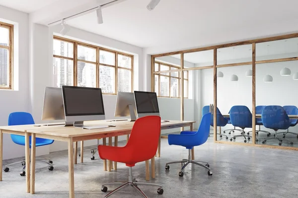 Blue and red chairs office, side view