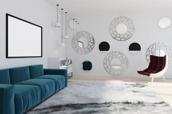Grijze woonkamer interieur, spiegel, posters — Stockfoto ... Grijze woonkamer interieur, spiegel, posters — Stockfoto ...