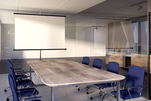 Blue chairs meeting room, screen