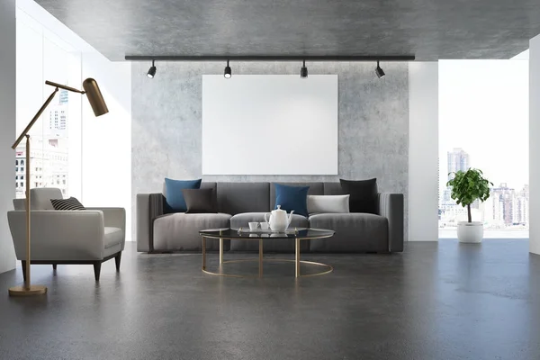 Concrete woonkamer, witte fauteuil — Stockfoto