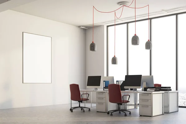 White office corner, red chairs, poster