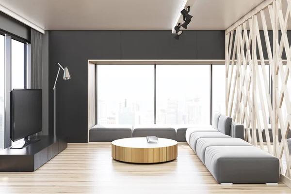 Sala de estar cinza e de madeira, TV e mesa — Fotografia de Stock
