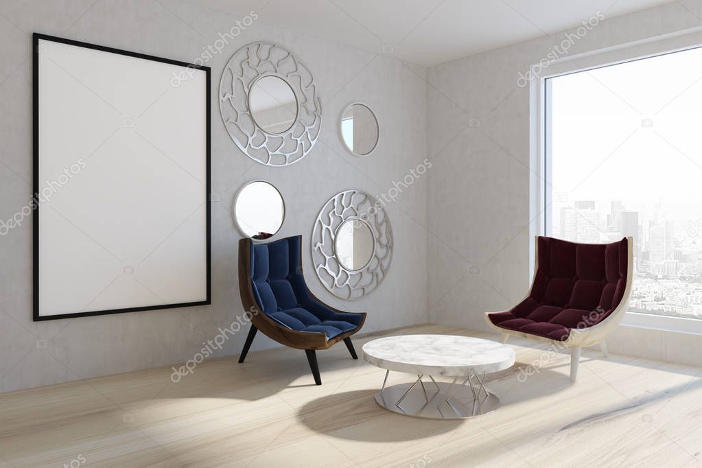 Red blue armchair poster in a mirror living room