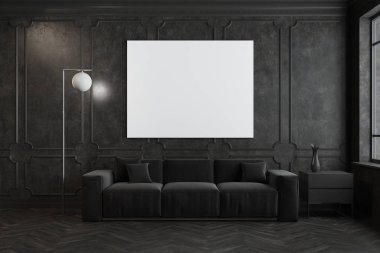Siyah oturma odası, koltuk ve poster