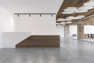 Beyaz ve ahşap Resepsiyon sayaç