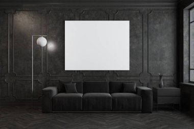 Siyah oturma odası, koltuk ve poster