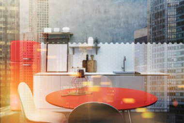 Tonda kırmızı beyaz ve beton mutfak masası