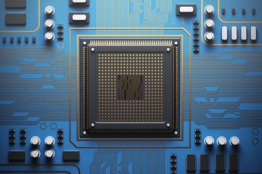 Blue circuit board with a processor top view clipart
