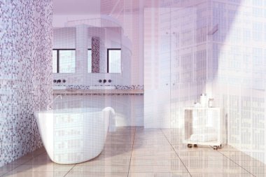 Tonda gri karo banyo, beyaz küvet