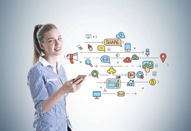 Neşeli işkadını, telefon, sosyal medya
