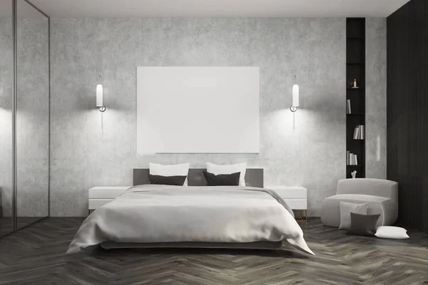 Dormitorio de hormigón, cama blanca, póster — Foto de Stock