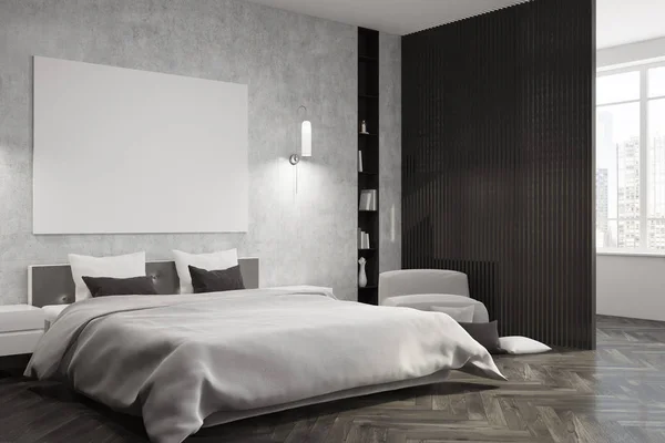 Бетонная спальня, белая кровать, плакатная сторона — стоковое фото