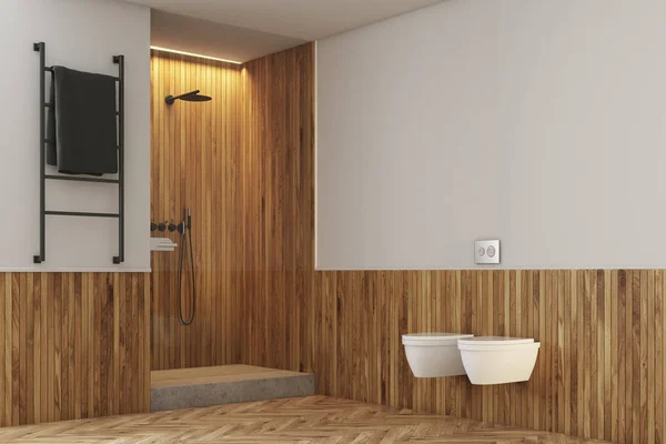 Bagno bianco e in legno, servizi igienici e doccia — Foto Stock