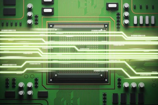 Green circuit board with a processor, light top view — Stock Photo, Image