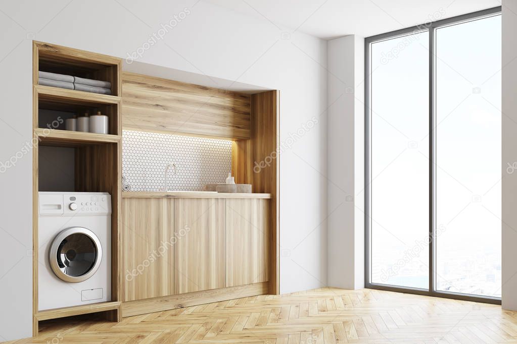 White and wooden laundry room, close up side