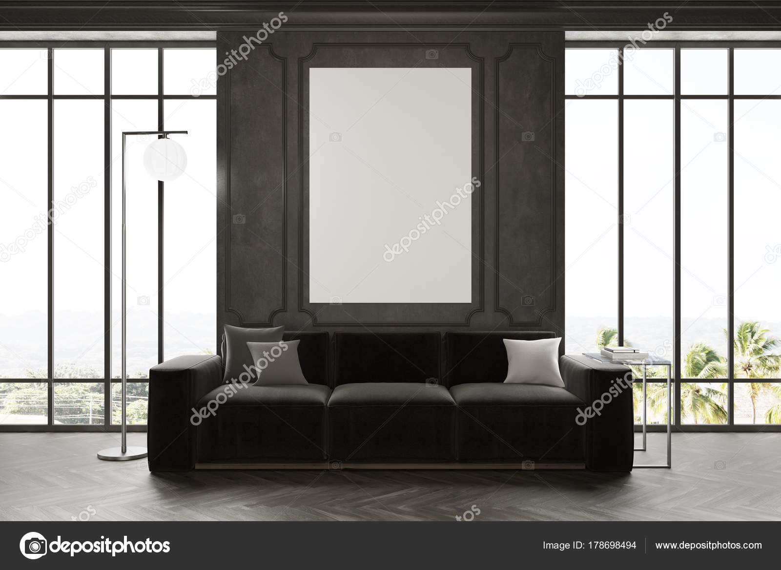 Zwarte woonkamer, poster en Bank — Stockfoto © denisismagilov #178698494 Zwarte woonkamer, poster en Bank — Stockfoto © denisismagilov #178698494