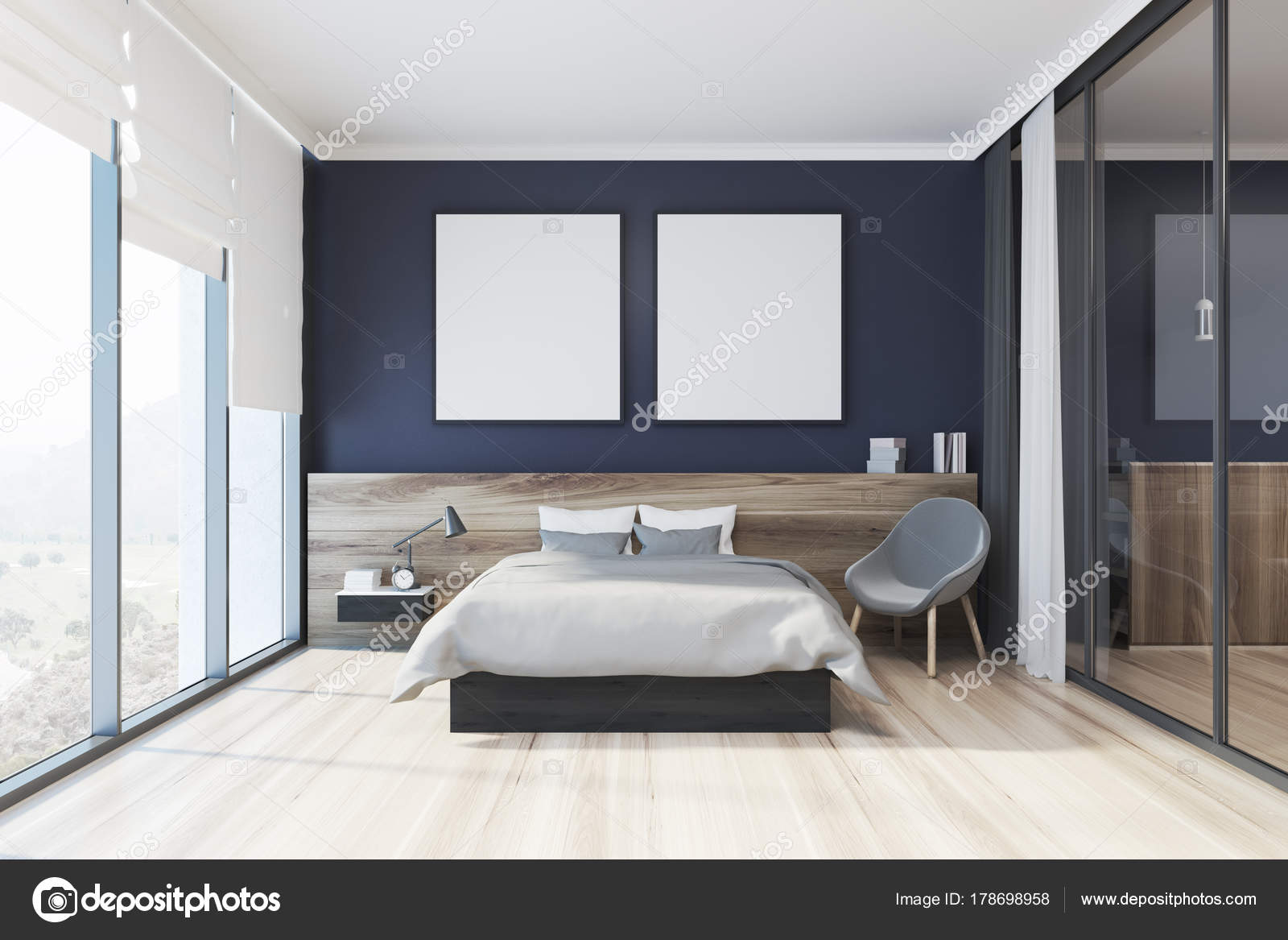 Blauwe slaapkamer interieur, sofa en twee posters — Stockfoto ... Blauwe slaapkamer interieur, sofa en twee posters — Stockfoto ...