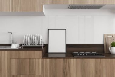 Beyaz mutfak, koyu ahşap tezgah, poster