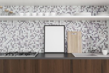 Döşenmiş ve koyu ahşap mutfak tezgah, poster