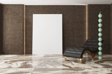 Lüks karanlık oturma odası, koltuk, poster