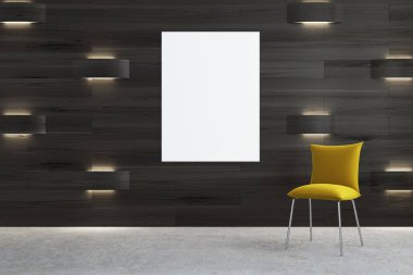 Sarı bir sandalye ve bir poster koyu ahşap Oda