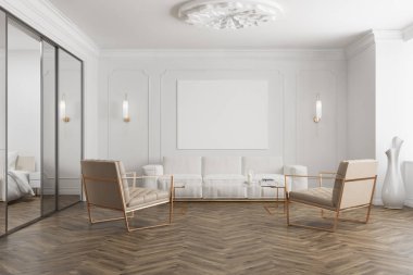 Beyaz bekleme odası iç, poster ve koltuklar