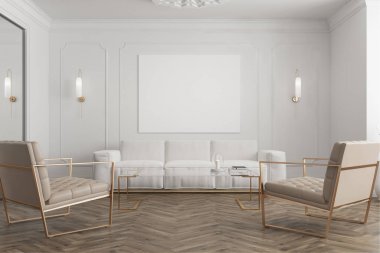 Beyaz bekleme odası, poster ve koltuklar