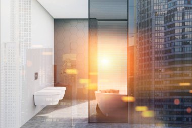 Gri karo banyo, küvet ve tuvalet tonda