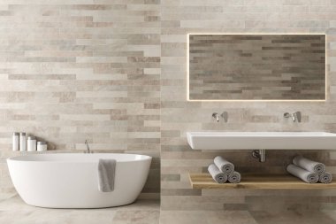 Beyaz ahşap banyo, çift lavabo, küvet