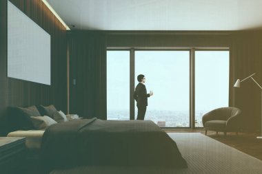 Koyu ahşap yatak odası iç, tonda poster yan