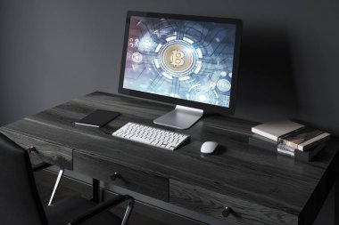 Mavi monitör siyah tablo, bitcoin simge yan