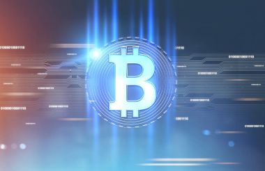 Bitcoin işareti, mavi kırmızı arka plan parlayan