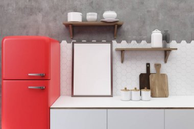 Beyaz ve beton mutfak, kırmızı buzdolabı