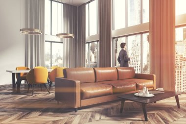 Oturma odası ve yemek odası kahverengi adamı köşe