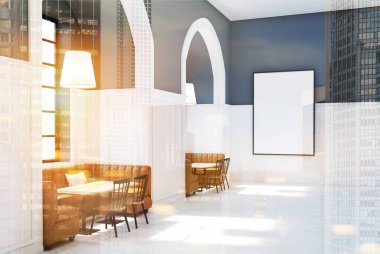 Beyaz ve gri kafe, ahşap masa tonda